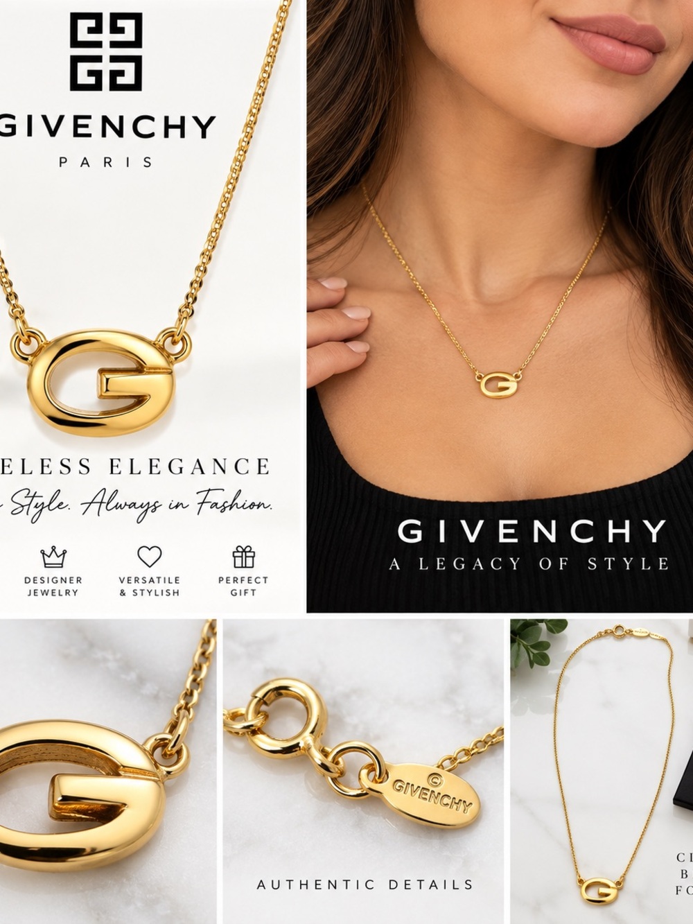 Vintage Givenchy Gold-Tone G Logo Pendant Necklace Signed Designer Jewelry